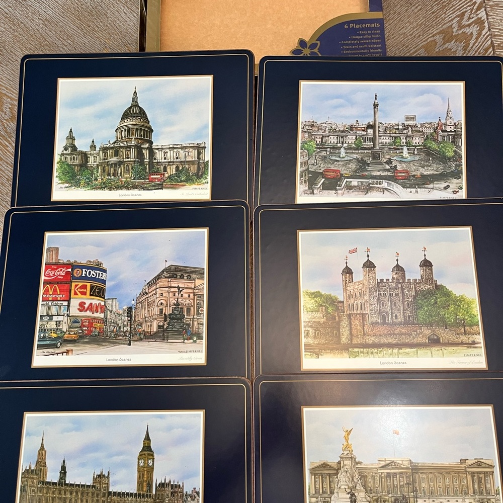 New Pimpernel London Scene Place Mats Set of 6 Cork Back 11.75” X 8.75 Blue Edge
